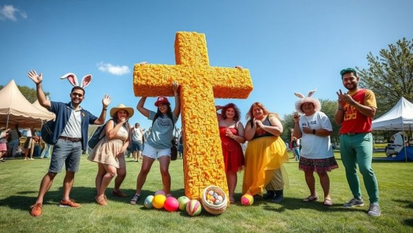 Dolores Park Easter Celebration with costumed festival-goers and Cheez-It cross.