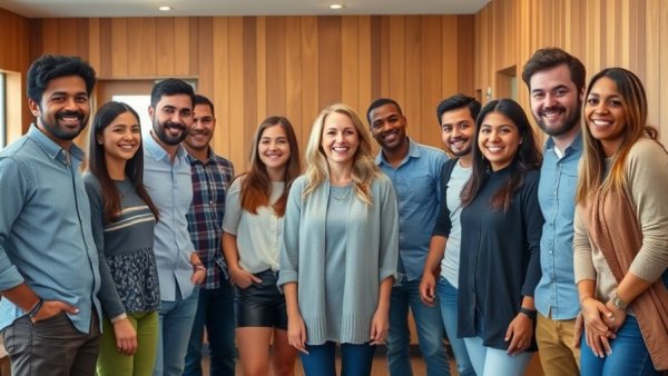 Diverse group standing and smiling at a community-driven event indoors.