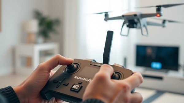 RadioMaster AX12 controller in use with FPV drone hovering.