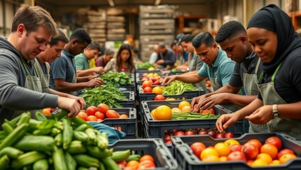 Volunteers organizing produce at Alameda County food bank amid food stamp cuts.