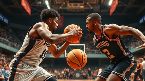 Intense basketball match, player driving the ball in arena, Warriors’ preferred play-in tournament path.