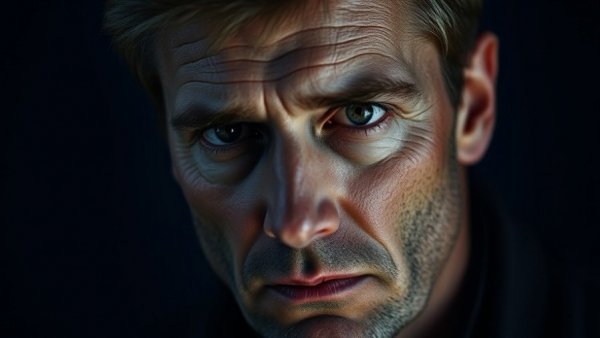 A man with a serious expression against a dark backdrop.