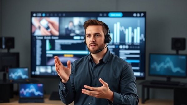 Digital Compatibility Revolutionizes Artlynk tech presentation with presenter and gadgets.