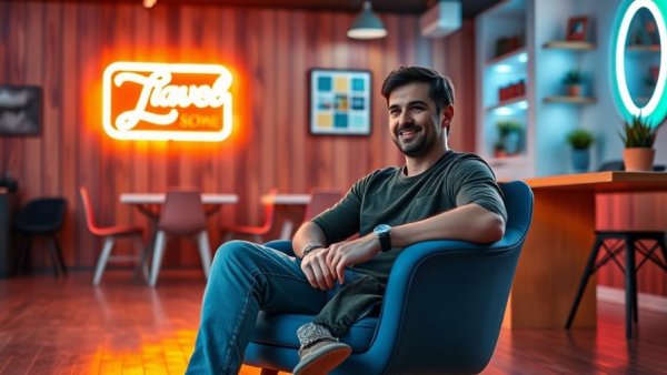 Person relaxed on a blue chair in neon-lit room, vibrant decor.