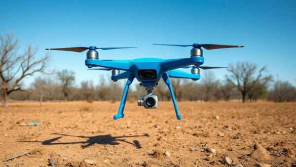 Cost-effective drone defense solutions: Blue drone on barren field.