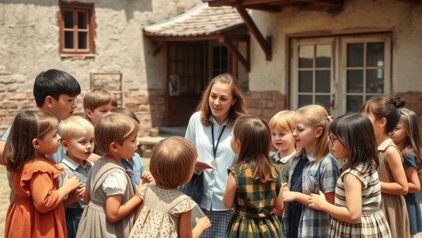 Children with teacher in vintage schoolyard setting for Berkeley private school 80th anniversary.