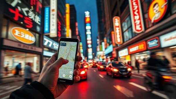 Person using phone map in vibrant city at night with busy street.