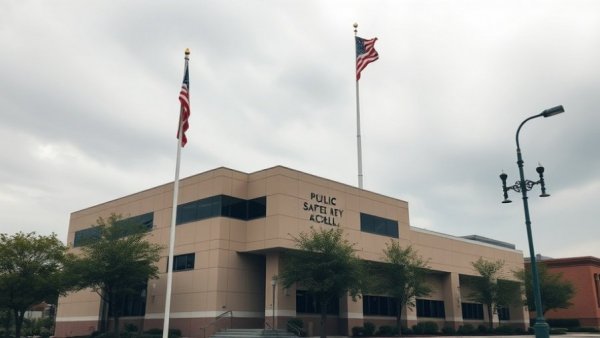 Public safety building with American flag, daytime exterior view