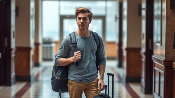 Contemplative young man standing in building entry, mental health crisis.