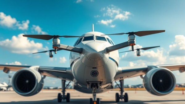 Drone performing inspection on aircraft under clear sky