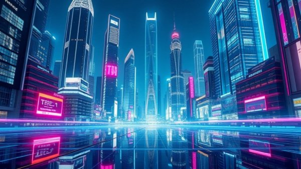Futuristic cityscape with neon lights symbolizing AI search visibility.