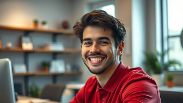 Young man in a red shirt smiling at desk in a modern office.