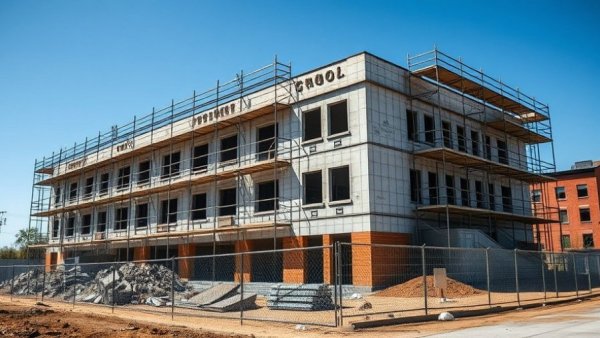 Longfellow Middle School construction site with scaffolding and rubble.
