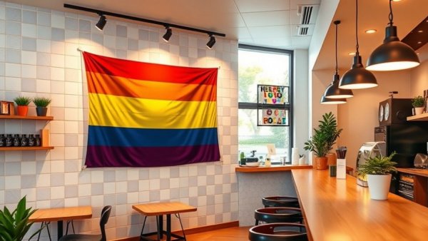 Philz Coffee displaying a Pride flag in a modern interior, policy reversal