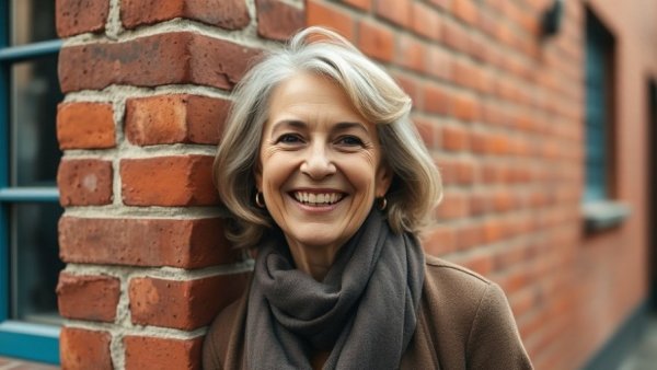 Portrait of a smiling woman against a red brick wall.