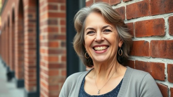 Smiling woman leaning against a red brick wall.
