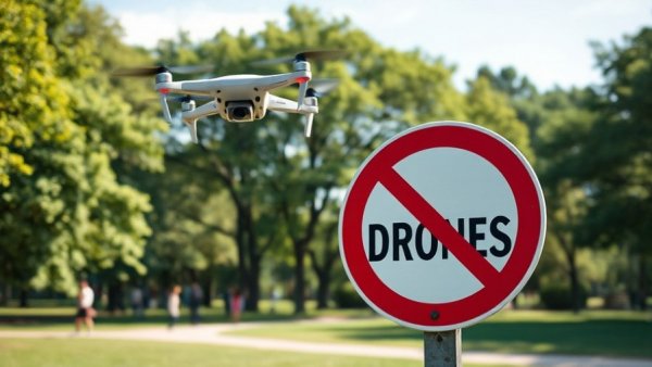 Park with 'No Drones' sign and drone overhead, Can Parks Ban You From Flying a Drone Over Them