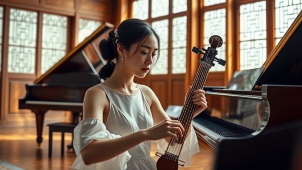 Elegant musician performing on Guqin in formal setting, highlighting Mayor Lurie music science partnerships Shanghai.