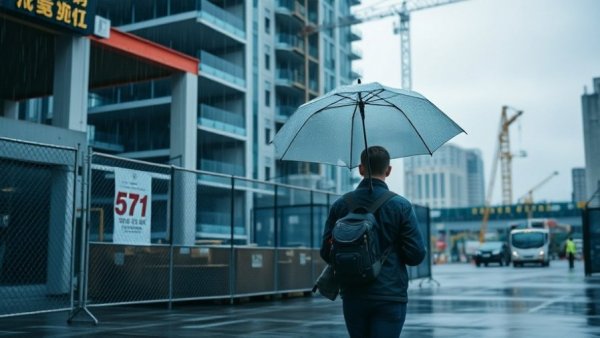 Rainy construction site near UC Berkeley with passerby and equipment.