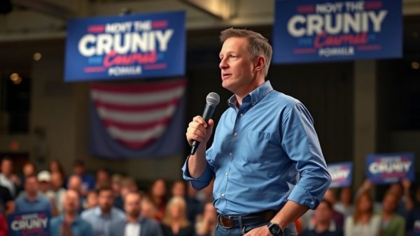 Man speaking at campaign event with audience, Swalwell allegations Alameda County DA race.