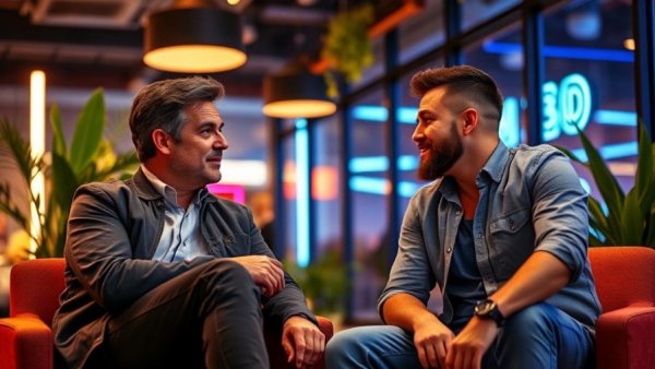Two men discussing indoors with neon lighting and decor.