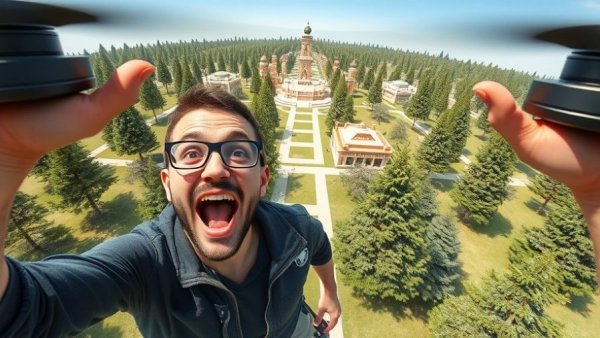 Man with VR goggles experiencing FPV drone technology outdoors.