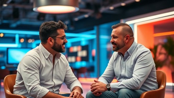 Discussion about DJI new drones market insights in a neon-lit studio.