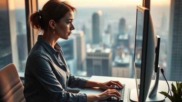 Focused woman using computer for reputation management strategies.