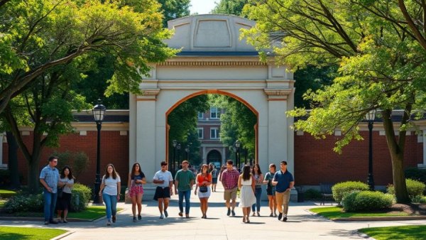 California students at UC Berkeley campus with Sather Gate.