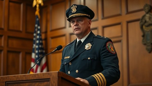 Fire chief at podium addressing allegations against aide.