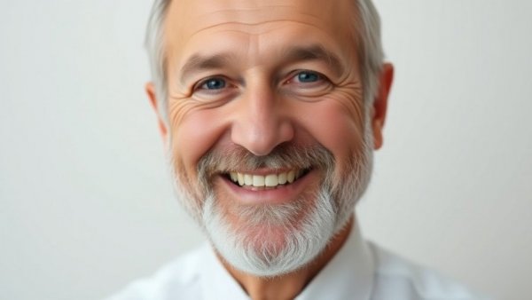 Warmly smiling older man in a shirt and tie against plain background.