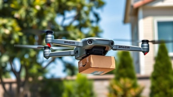 Amazon delivery drone in suburban backyard.