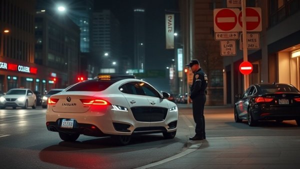Driverless cars ticketed California; night scene with Waymo car and police.