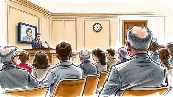 Courtroom sketch of Musk vs. Altman trial with testimony screen.