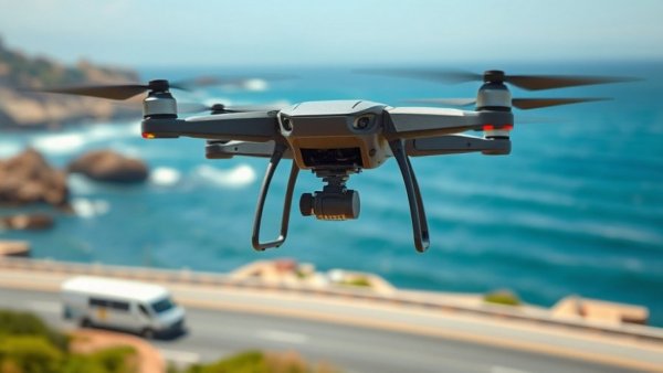 High-tech drone patrol in coastal area during sunny day