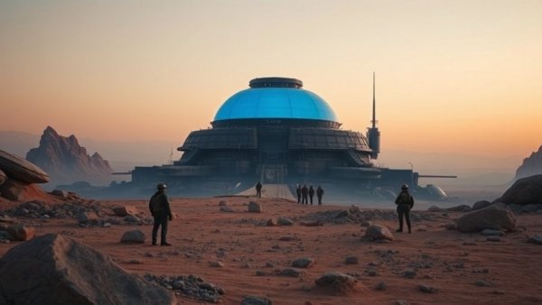 Futuristic military base shielded by glowing dome using C-UAS technology.