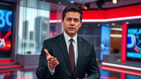 News anchor discussing DJI's regulatory challenges in a modern studio.