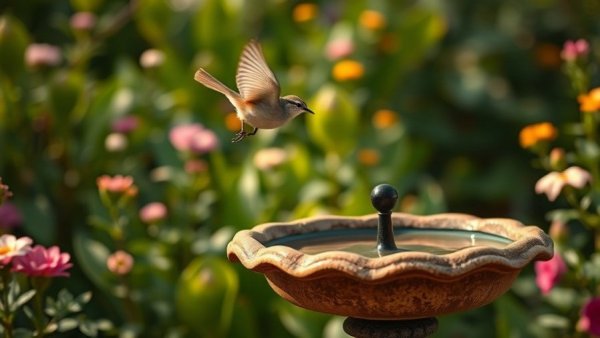 Bird in a lush garden flapping wings over a bird bath, Bringing Back the Natives Garden Tour.