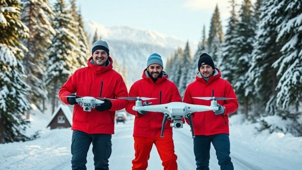 Drone avalanche control team in snowy Canada mountain.