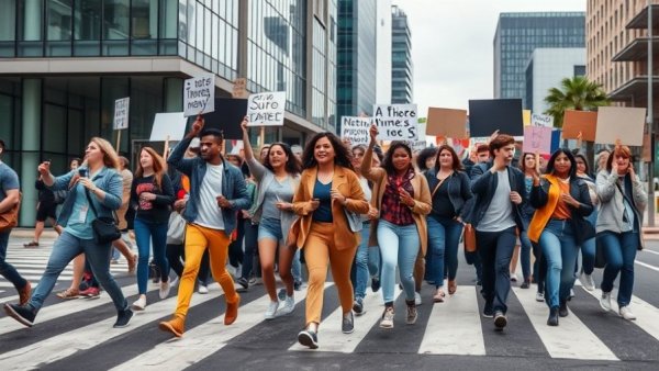 Youthful group marching in Berkeley May Day Protests, diverse and energetic.