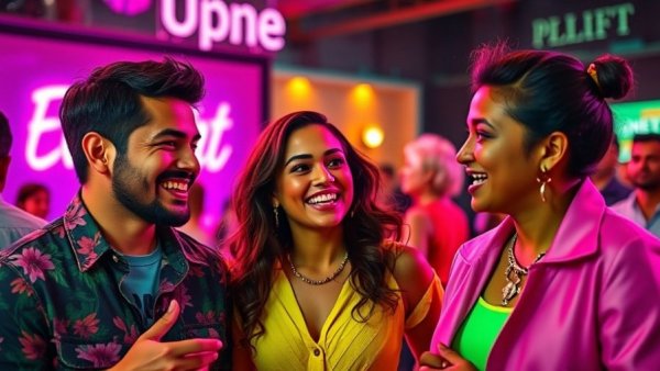 Vibrant trio at SFMOMA Art Bash with neon backdrop