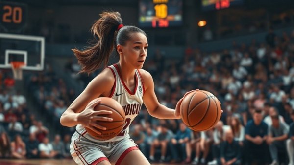 WNBA player dribbles during intense game with focused crowd.