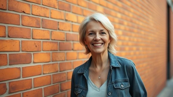 Casually dressed mature woman smiling by a brick wall