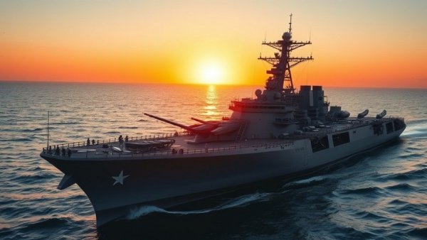 General Atomics Trump-class battleship with advanced armaments at sunset.
