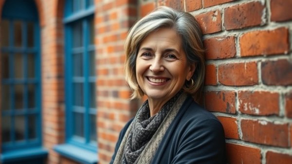 Smiling woman in front of a brick wall, urban setting.