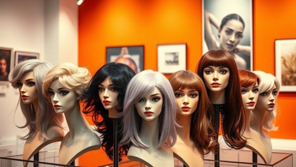 Jasmine Ross Beauty Plus showcase with mannequin wigs in art gallery.