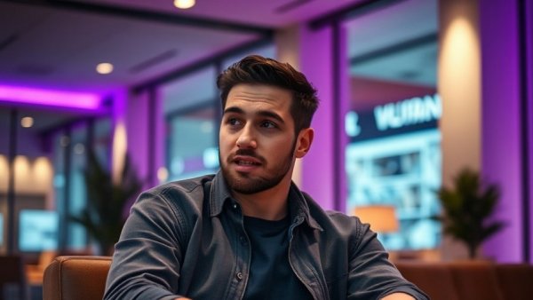 Relaxed man speaking in modern setting with ambient lighting.