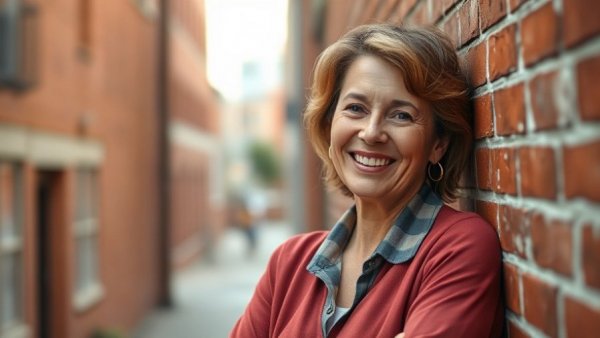 Casual mature woman smiling against a brick wall