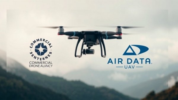 Commercial Drone Alliance logo and drone over foggy mountains.