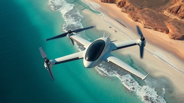 Autonomous aircraft flying over Australian coastline for logistics.